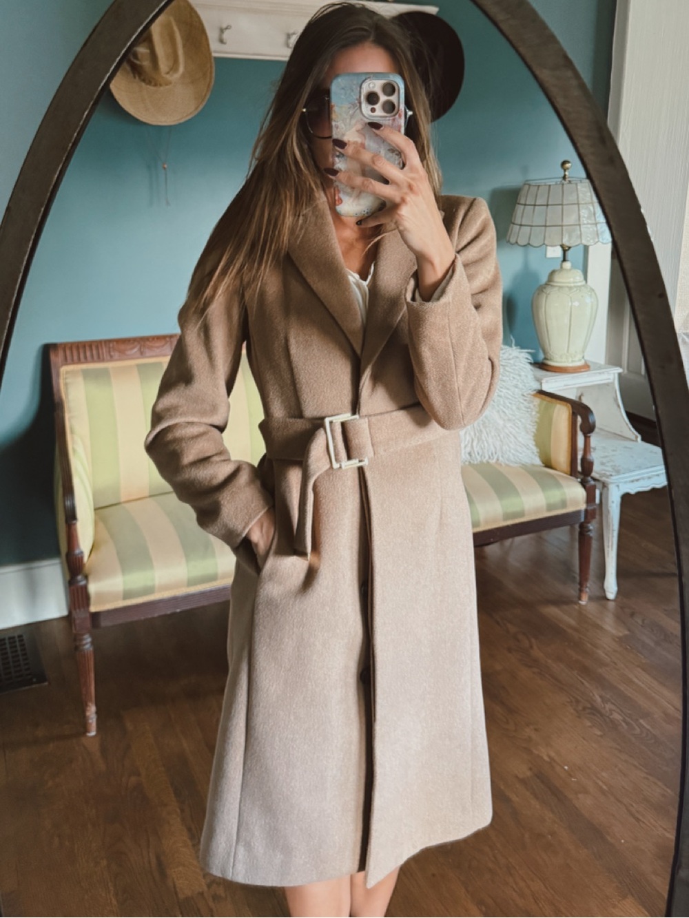H&M luxury line Camel Tan Wool-Blend Belted Pea Coat Sz 6